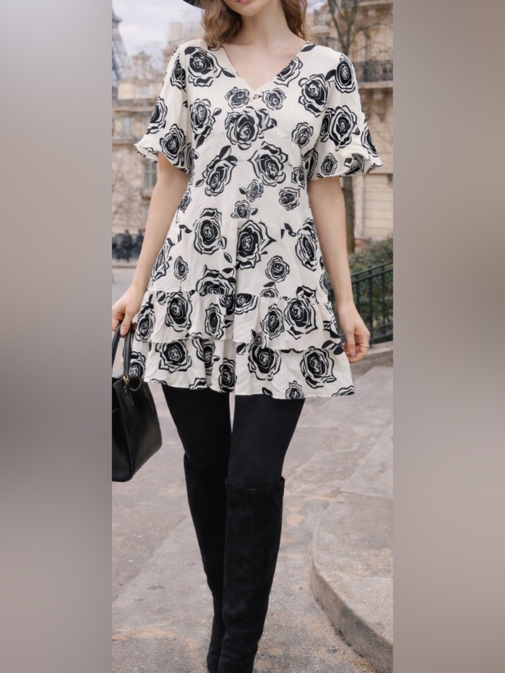 Black White Rose Print Ultra Mini Dress Flutter Sleeve Boho Cottagecore S